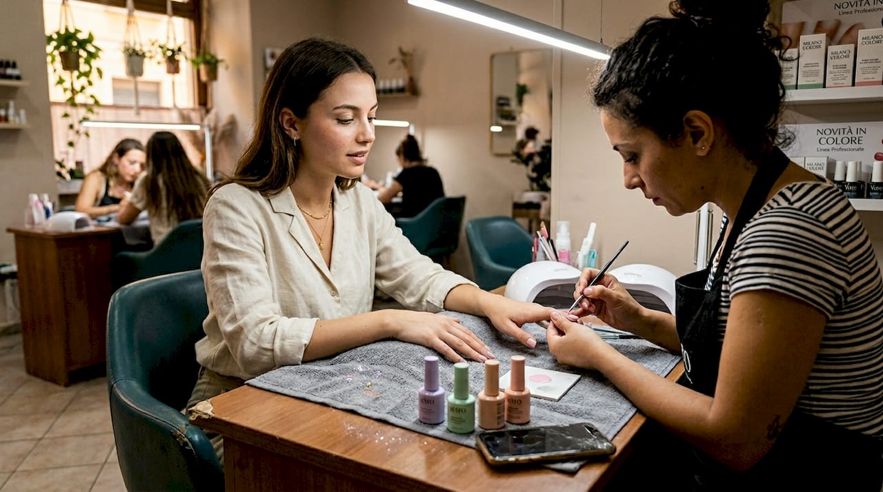 La cliente si sta facendo realizzare una nail art elaborata con diverse sovrapposizioni di colori e decorazioni.