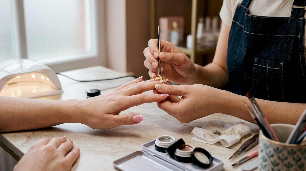 Dettaglio ravvicinato dell’applicazione creativa di una french manicure in gel