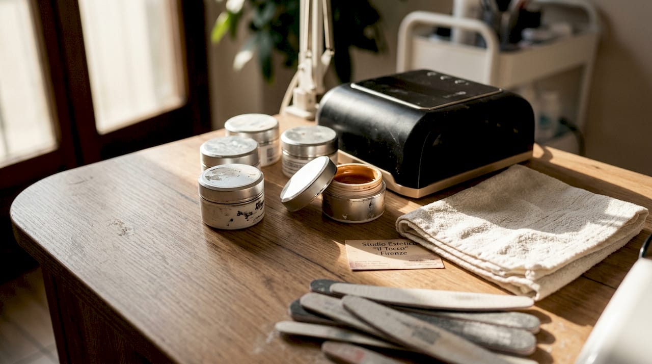 Barattoli di gel e acrygel disposti sul tavolo del salone