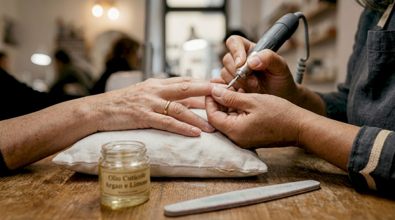 Trattamento delle mani con tecnica di manicure russa e utilizzo della fresa