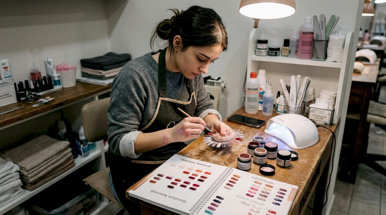 Onicotecnica che si allena provando diverse nuance di gel colorati