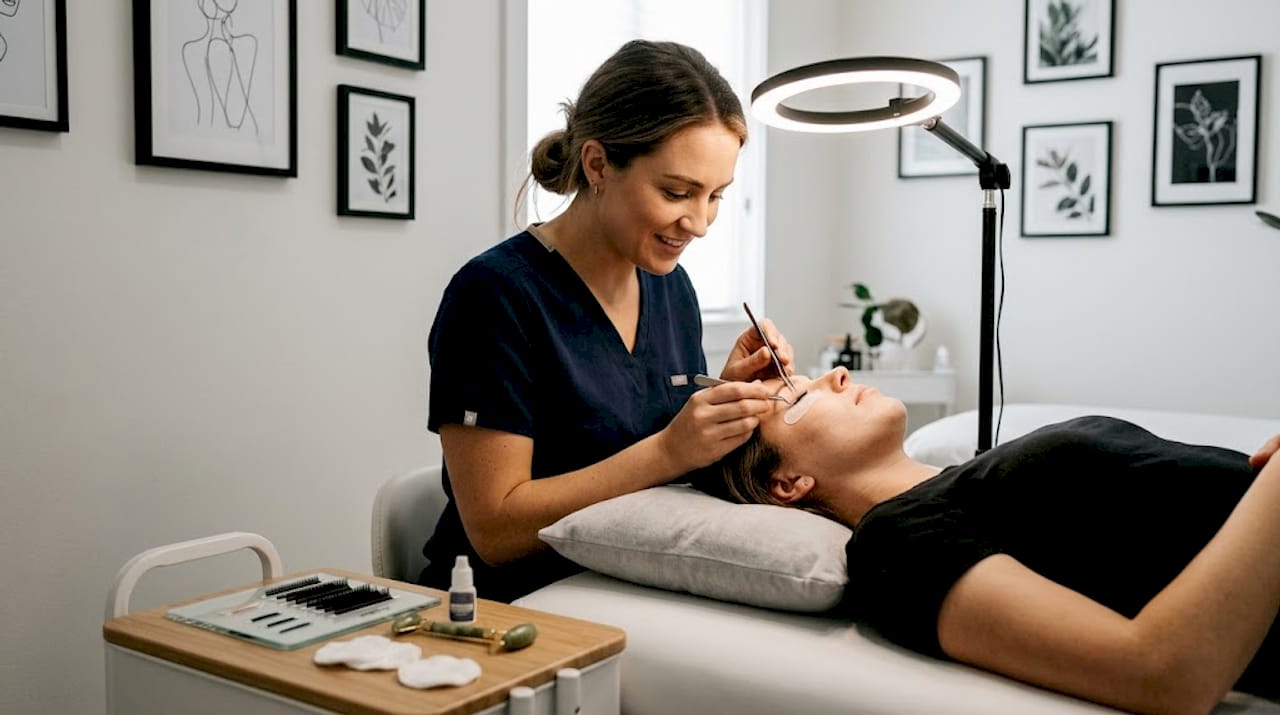 Un’estetista sta applicando le extension alle ciglia di una cliente, curando ogni dettaglio per valorizzare lo sguardo.