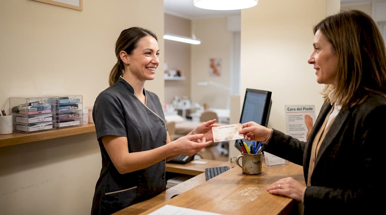 Un'estetista accoglie con un sorriso la cliente appena arrivata alla reception del centro estetico.