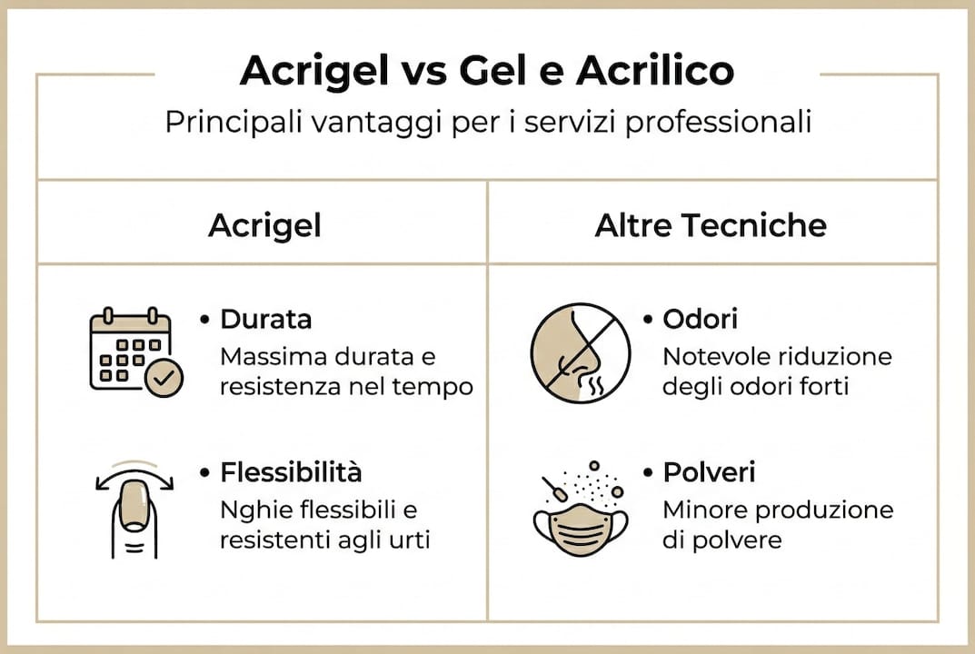 Infografica: tutti i vantaggi dell’acrigel a confronto con le altre tecniche per unghie