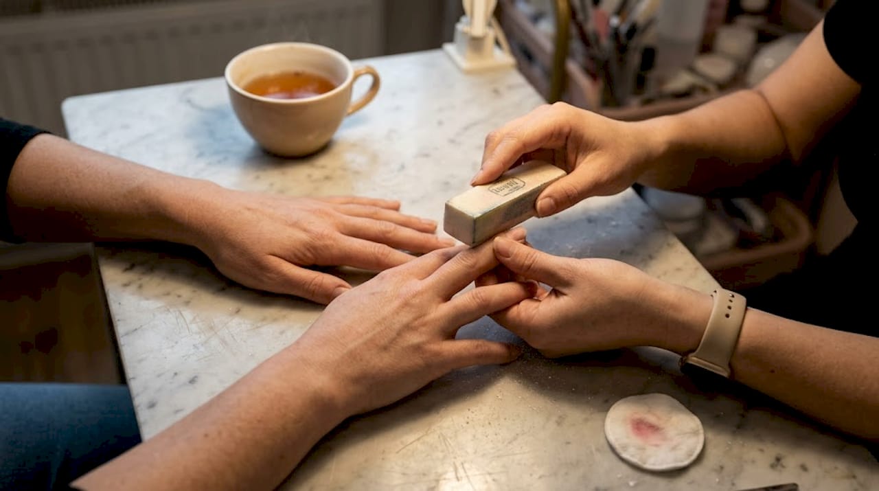 Risultato finale delle mani dopo la ricostruzione con acrigel in salone