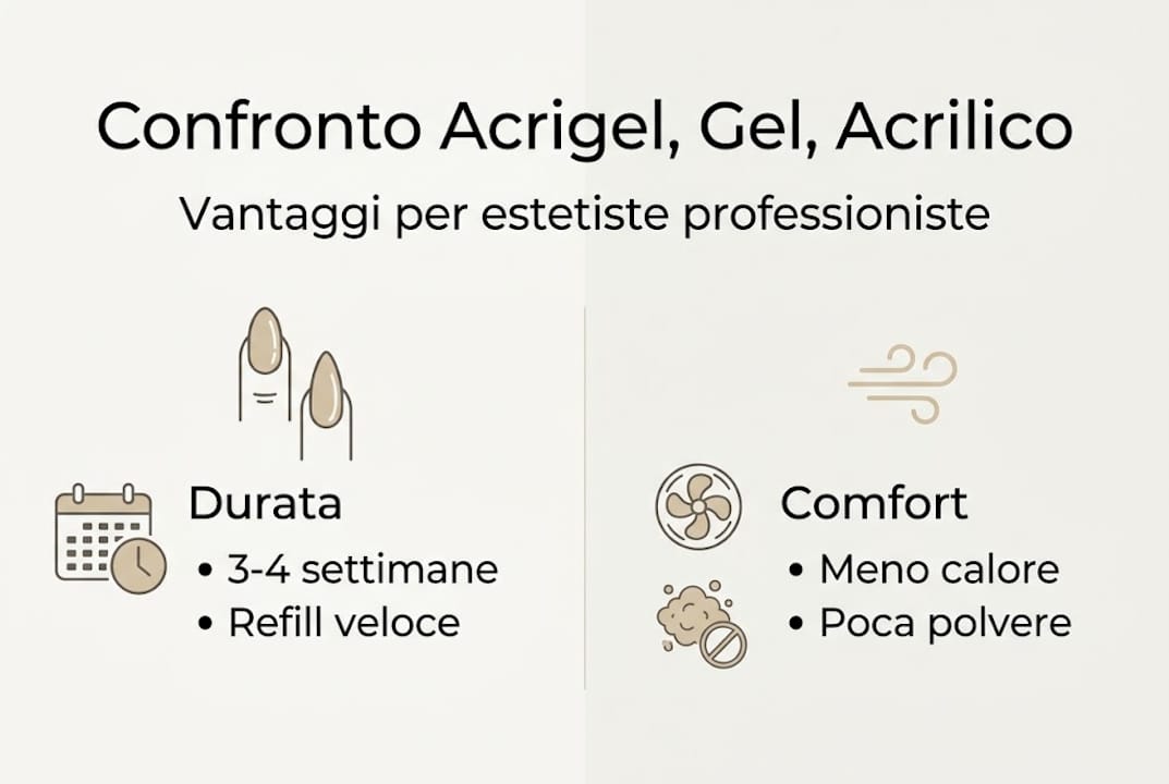 Infografica: confronto tra i vantaggi di acrigel, gel e acrilico