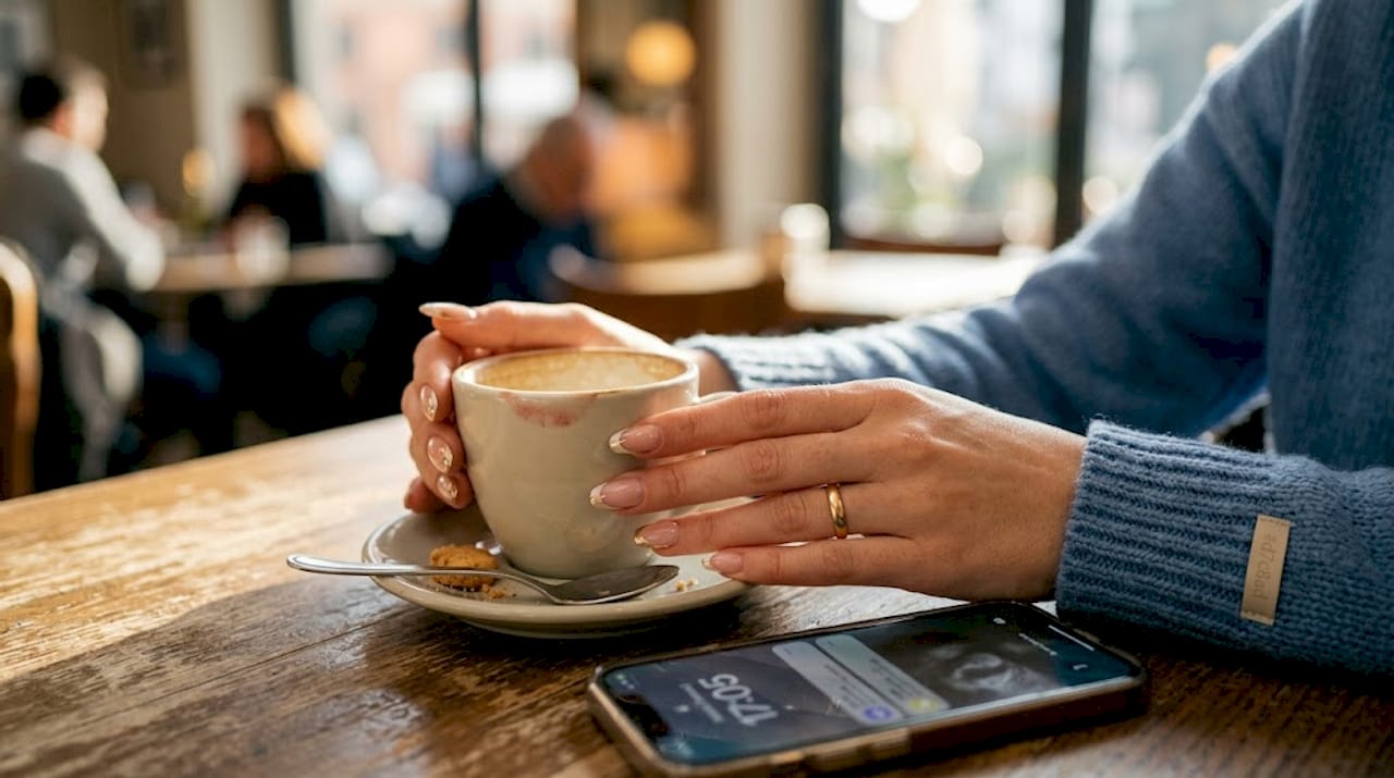Mani curate appoggiate su un tavolo, impreziosite da una nail art con dettagli metallici