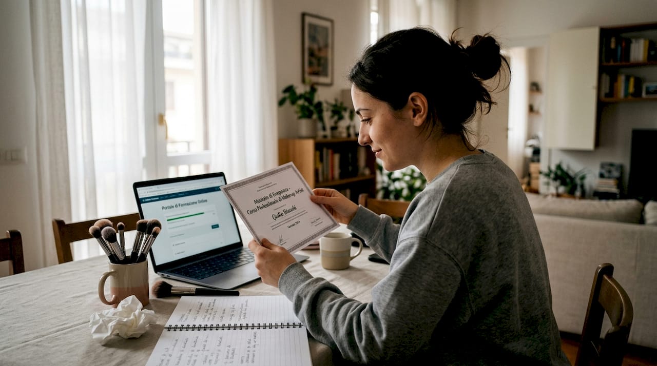Una donna esamina con soddisfazione il suo attestato di partecipazione a un corso di make-up comodamente seduta a casa.