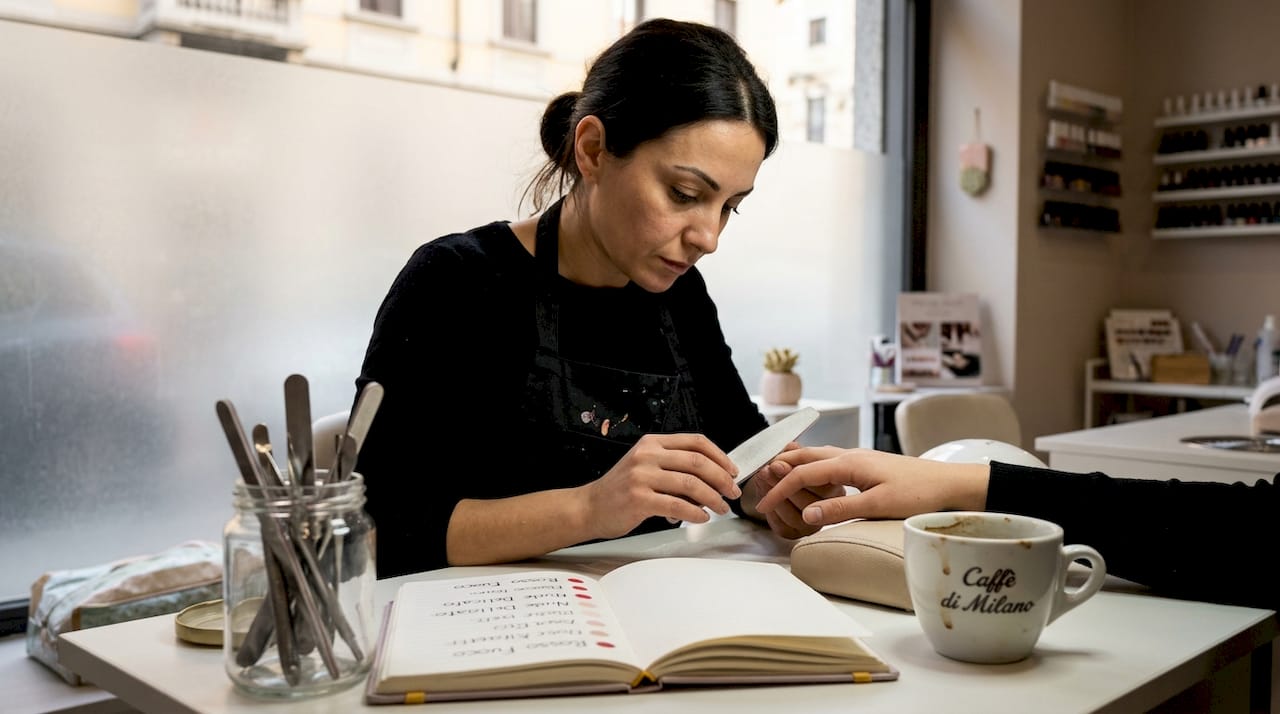 Una professionista della manicure che si prende cura delle unghie di una cliente nel suo salone.