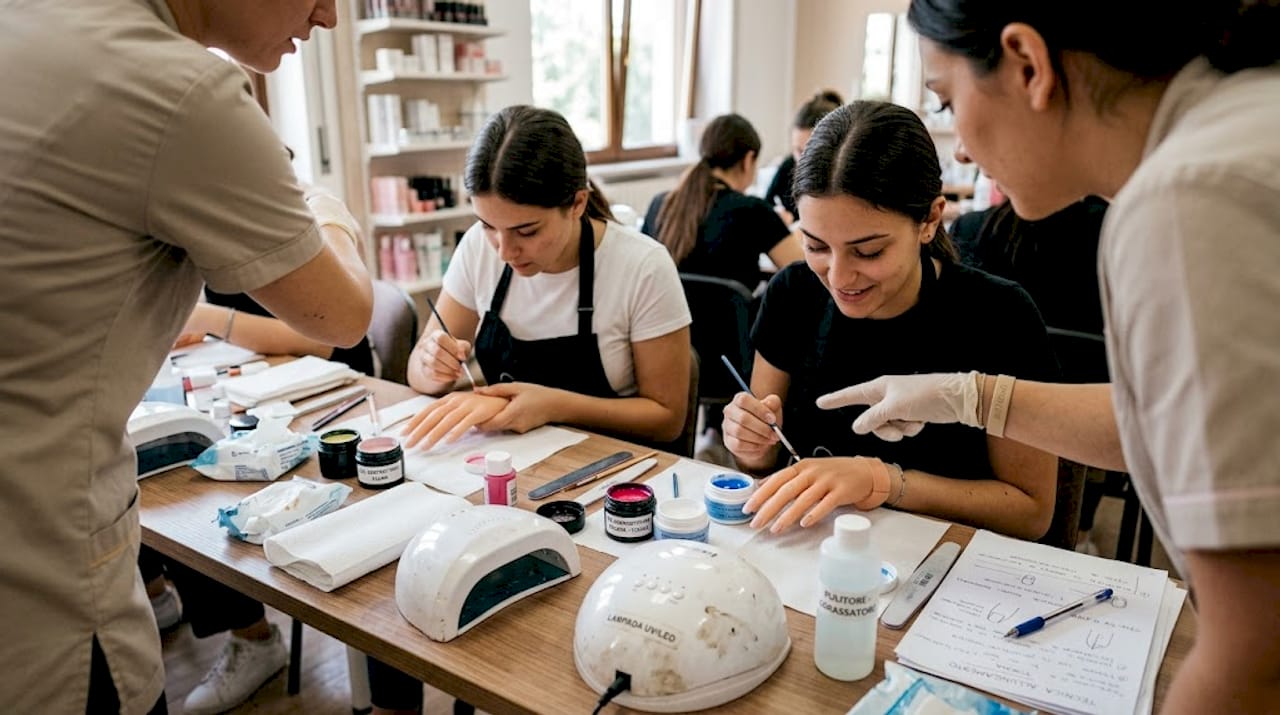 Gli studenti si esercitano nella tecnica del muretto sotto la guida dell’insegnante.