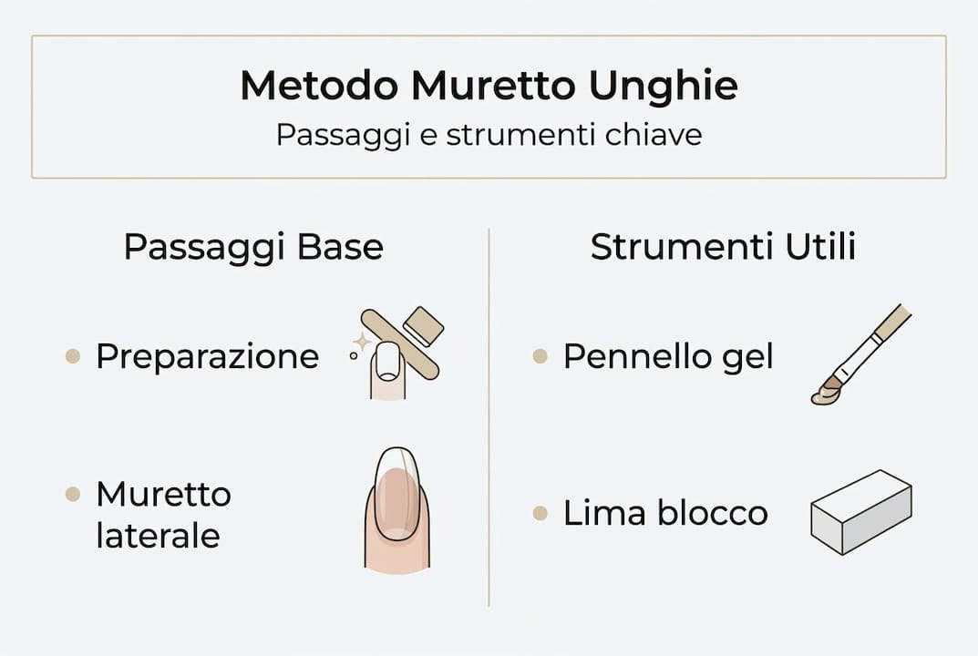 Infografica dettagliata con tutti i passaggi e gli strumenti necessari per realizzare il muretto sulle unghie.
