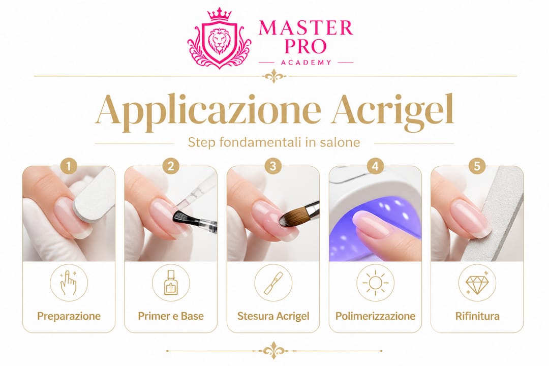 Guida illustrata ai passaggi dell’applicazione dell’acrigel in salone