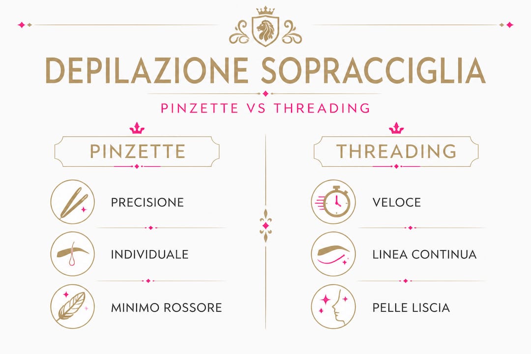 Infografica: confronto tra pinzetta e filo arabo per la definizione delle sopracciglia
