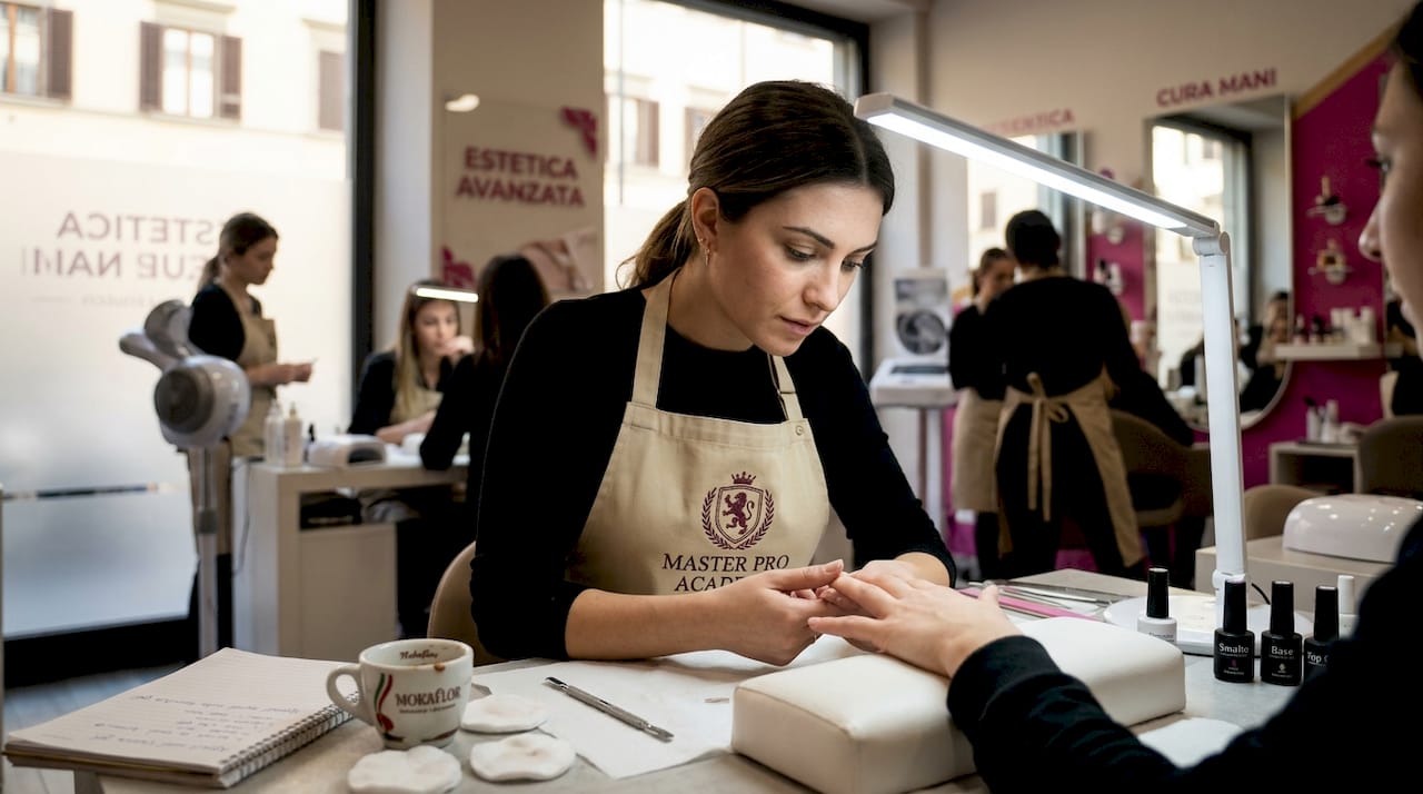 Estetista che controlla la superficie delle unghie in un salone affollato