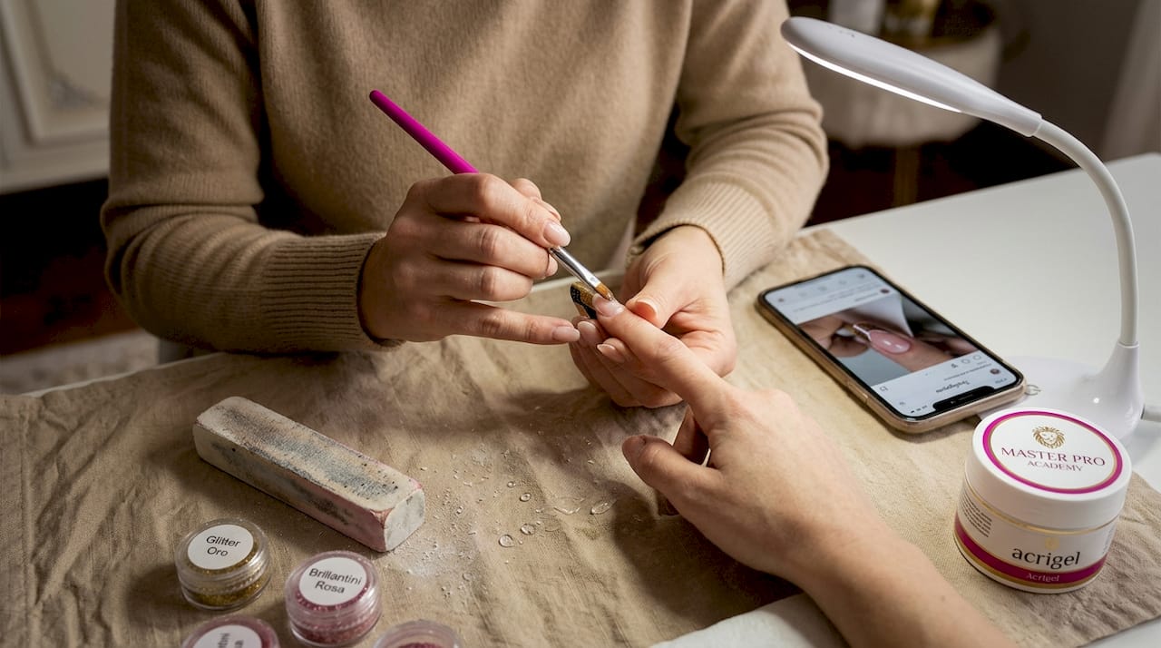 Mani esperte stanno modellando unghie in acrigel su un tavolo da lavoro.