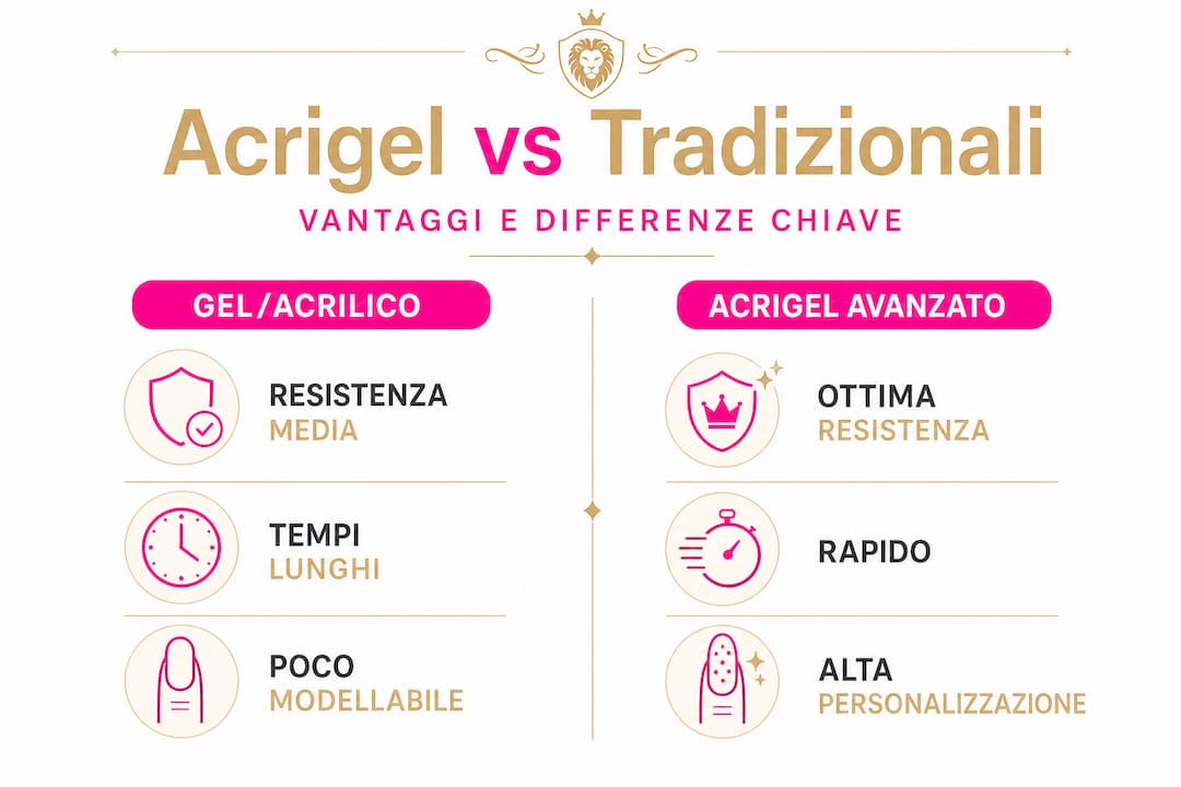 Infografica: confronto tra acrigel di ultima generazione e tecniche classiche per la ricostruzione delle unghie