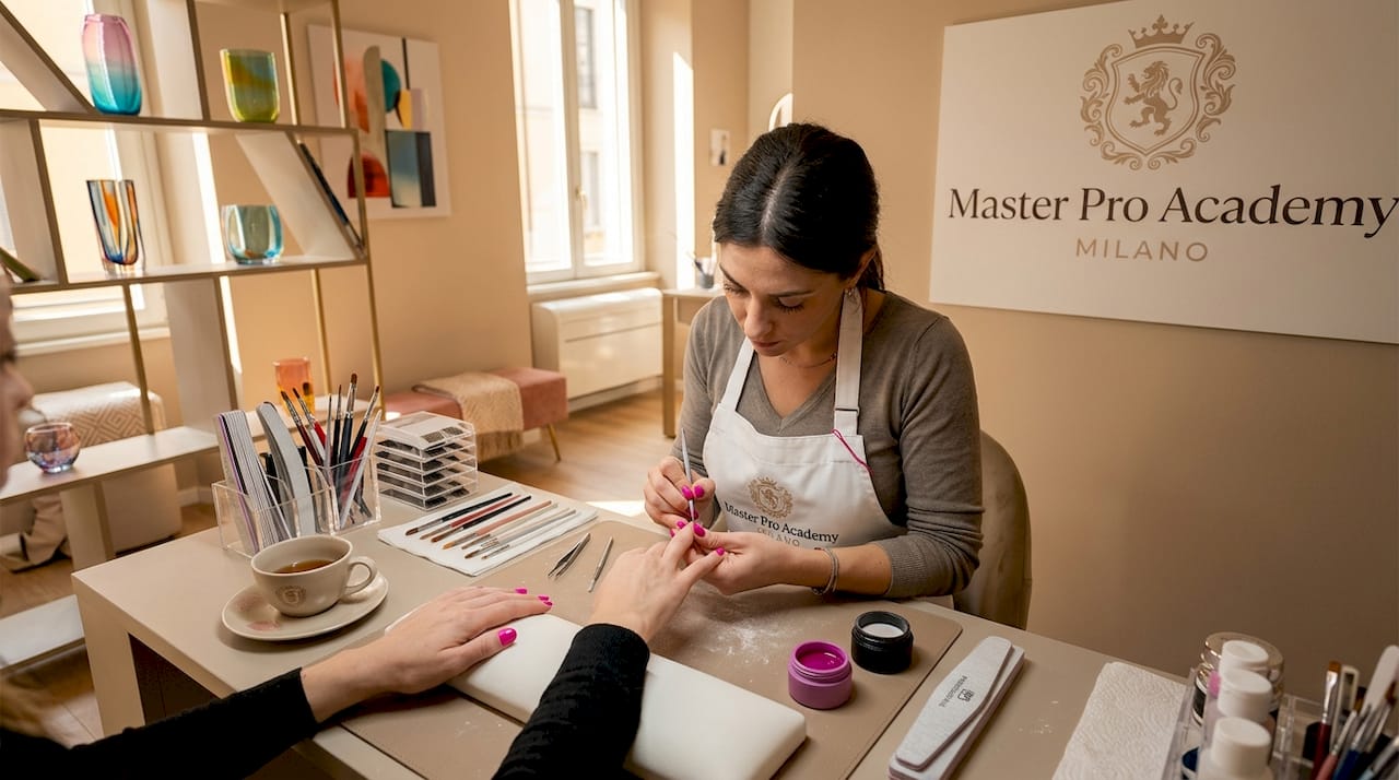 Una nail artist si dedica alla cura delle unghie in un salone raffinato.