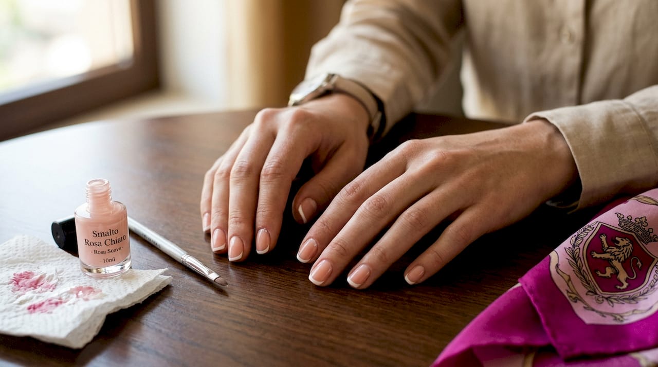 Dettaglio ravvicinato di una manicure micro-french fresca e curata sulle mani.
