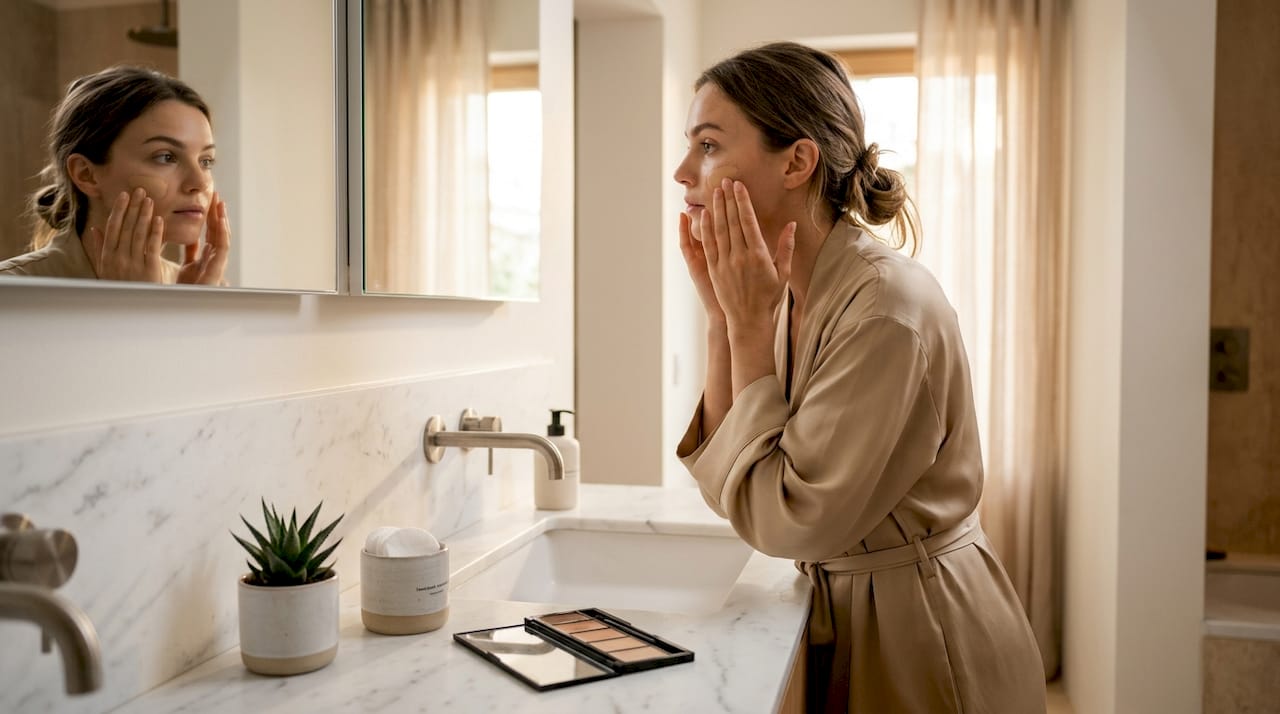 Una donna si trucca davanti allo specchio del bagno, stendendo il fondotinta con cura.