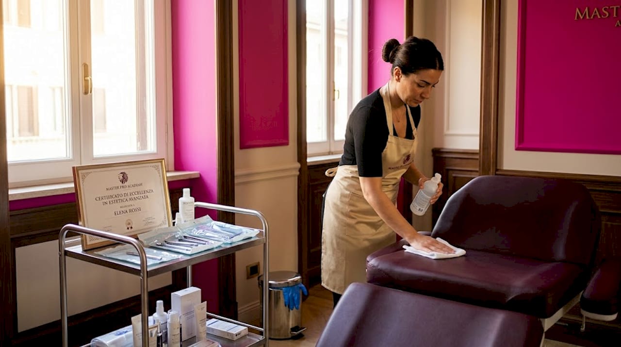 Prima di iniziare la laminazione, l’estetista provvede a pulire e disinfettare accuratamente la postazione di lavoro.