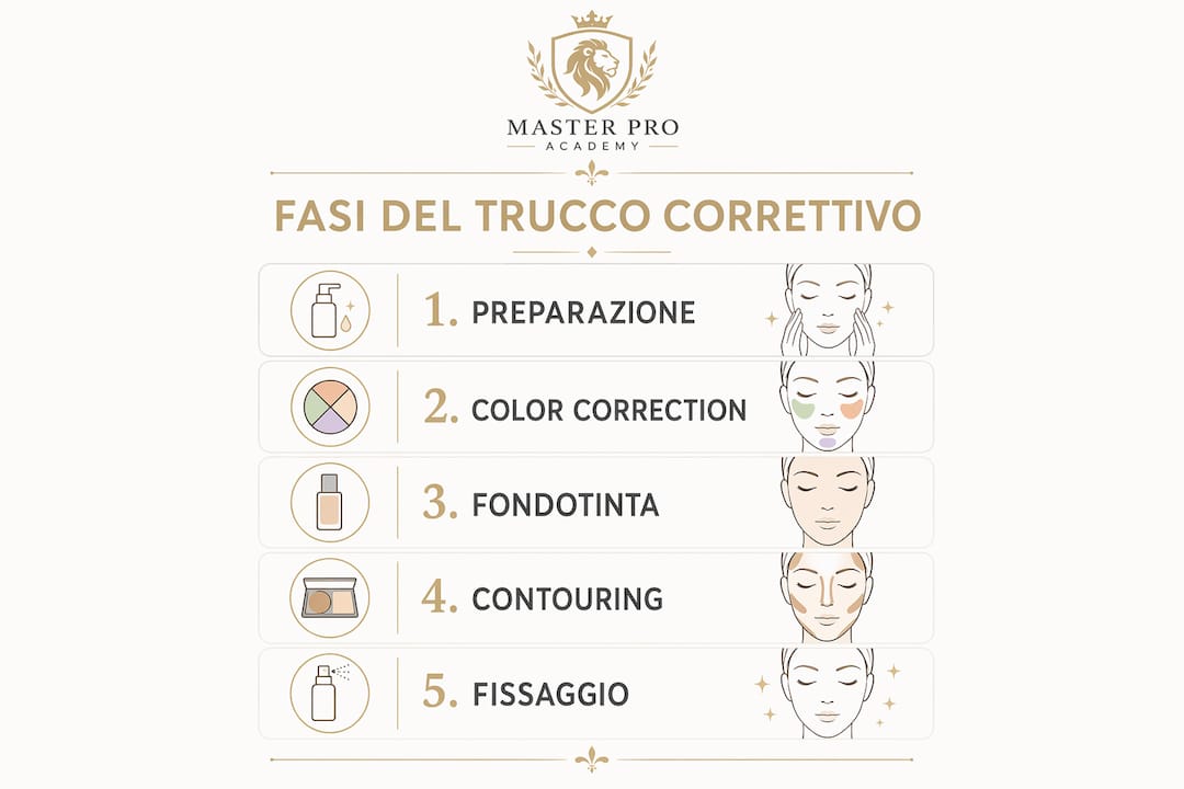 Infografica che illustra, passo dopo passo, come realizzare un trucco correttivo