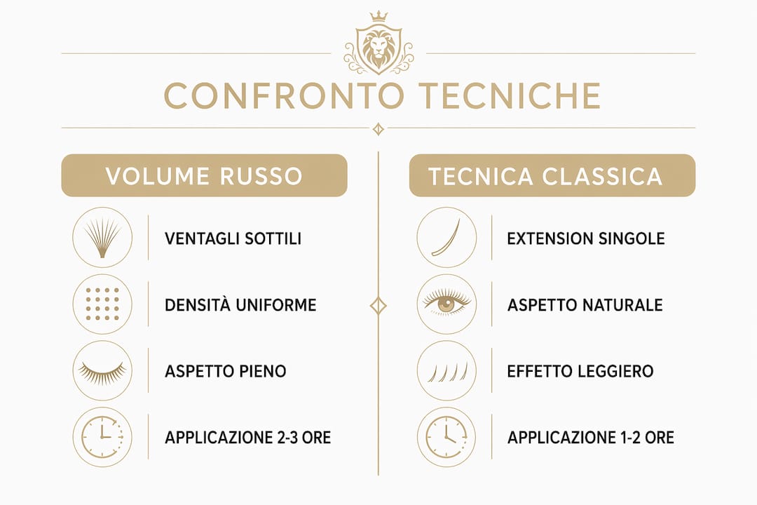 Infografica: differenze tra extension ciglia volume russo e tecnica classica
