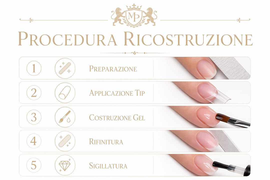 Infografica dettagliata sui passaggi fondamentali per la ricostruzione delle unghie con le tip