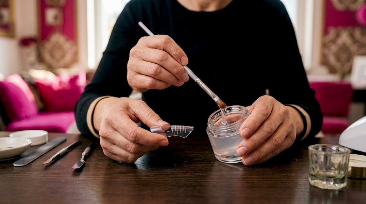 Dettaglio ravvicinato di mani all’opera con materiali per unghie a doppio sistema