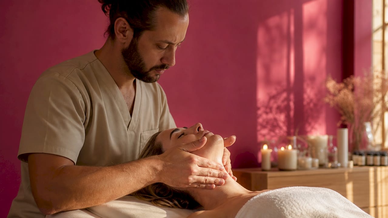 Le mani scorrono delicatamente sul viso, regalando un massaggio Kobido che distende i lineamenti e dona luminosità alla pelle.