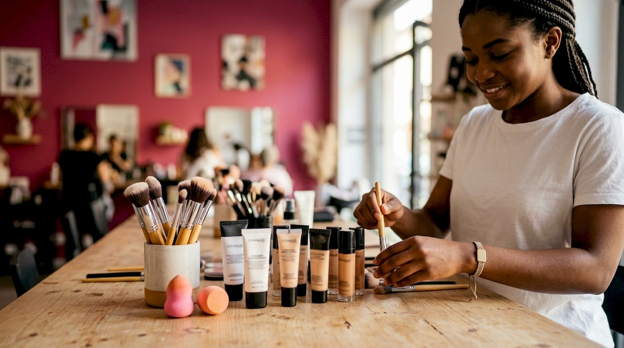 Kit essenziale di strumenti professionali per il trucco, sempre ben organizzato e pronto all’uso.