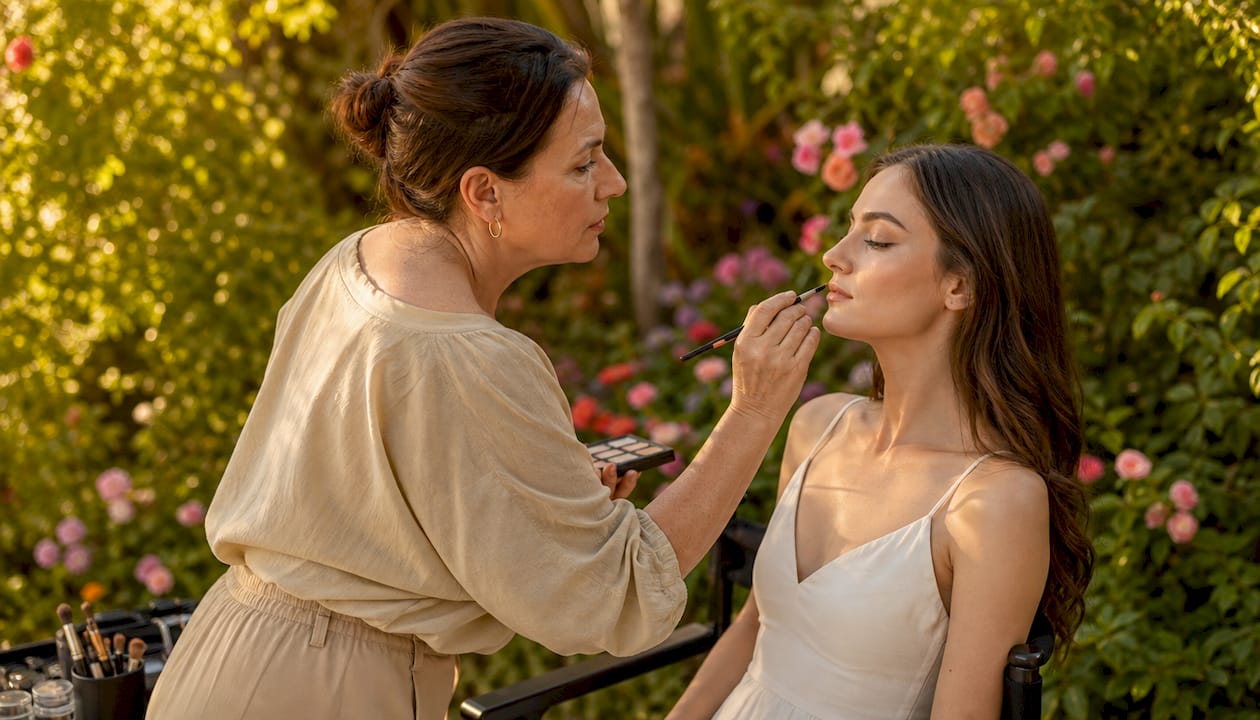 La make-up artist si dedica al trucco correttivo per valorizzare i lineamenti e armonizzare il viso.