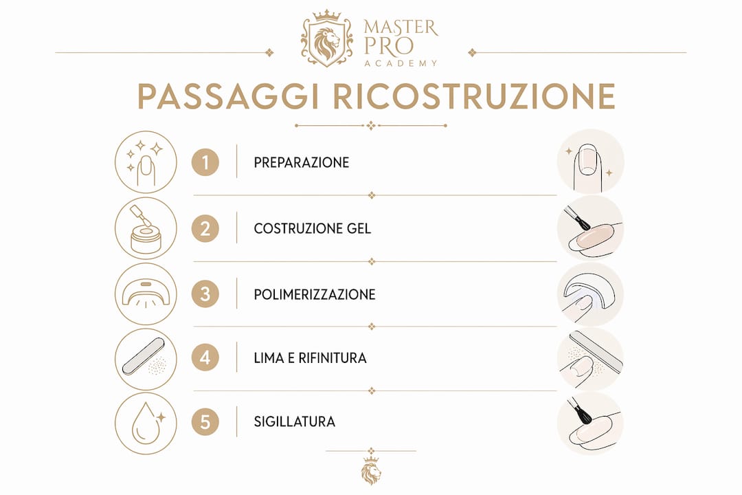 Infografica che illustra, passo dopo passo, tutte le fasi della ricostruzione unghie