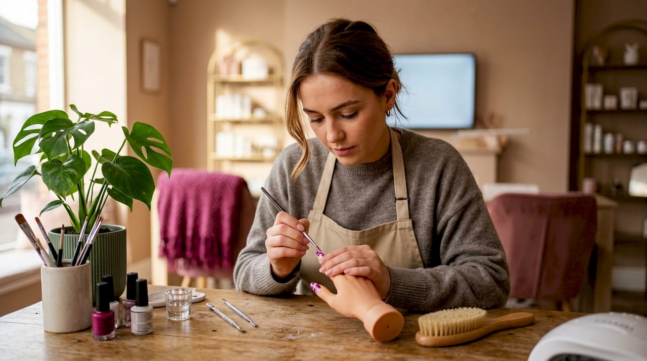 Mani che realizzano una nail art su un modello per esercitazioni