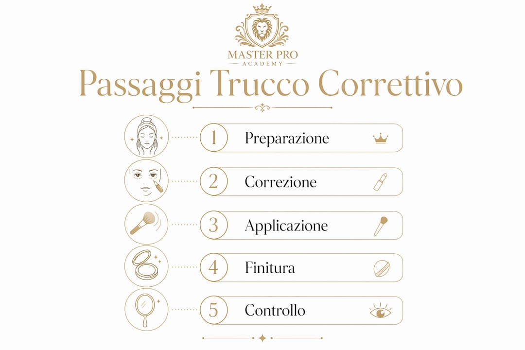 Scopri tutti i passaggi fondamentali del trucco correttivo spiegati in un'infografica chiara e dettagliata.