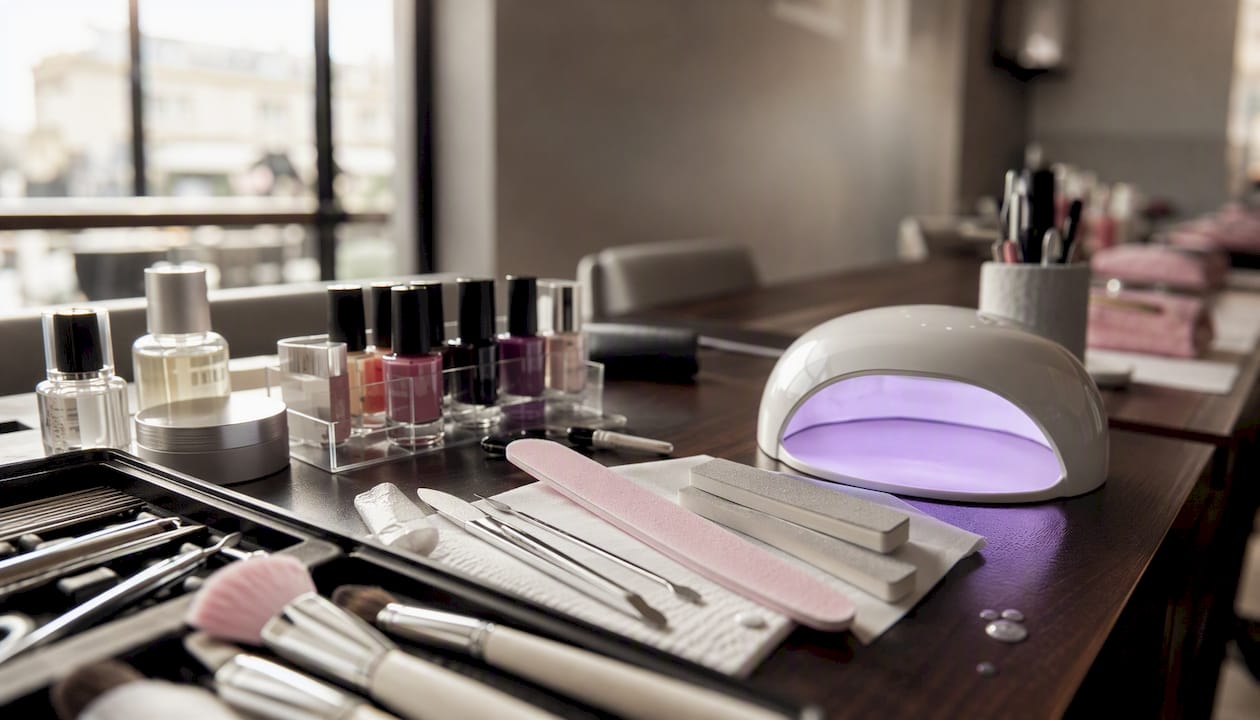 Strumenti per manicure e pedicure disposti sul tavolo da formazione