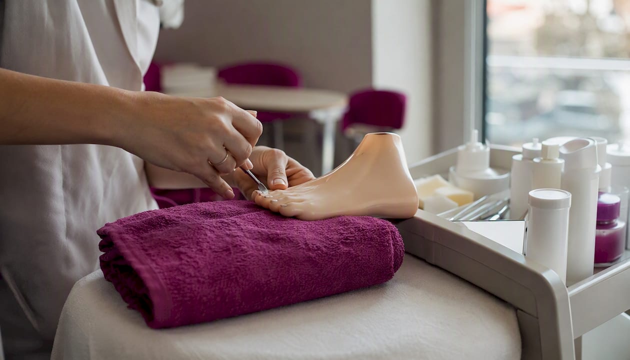 Mani che eseguono una pedicure su un piede finto da esercitazione