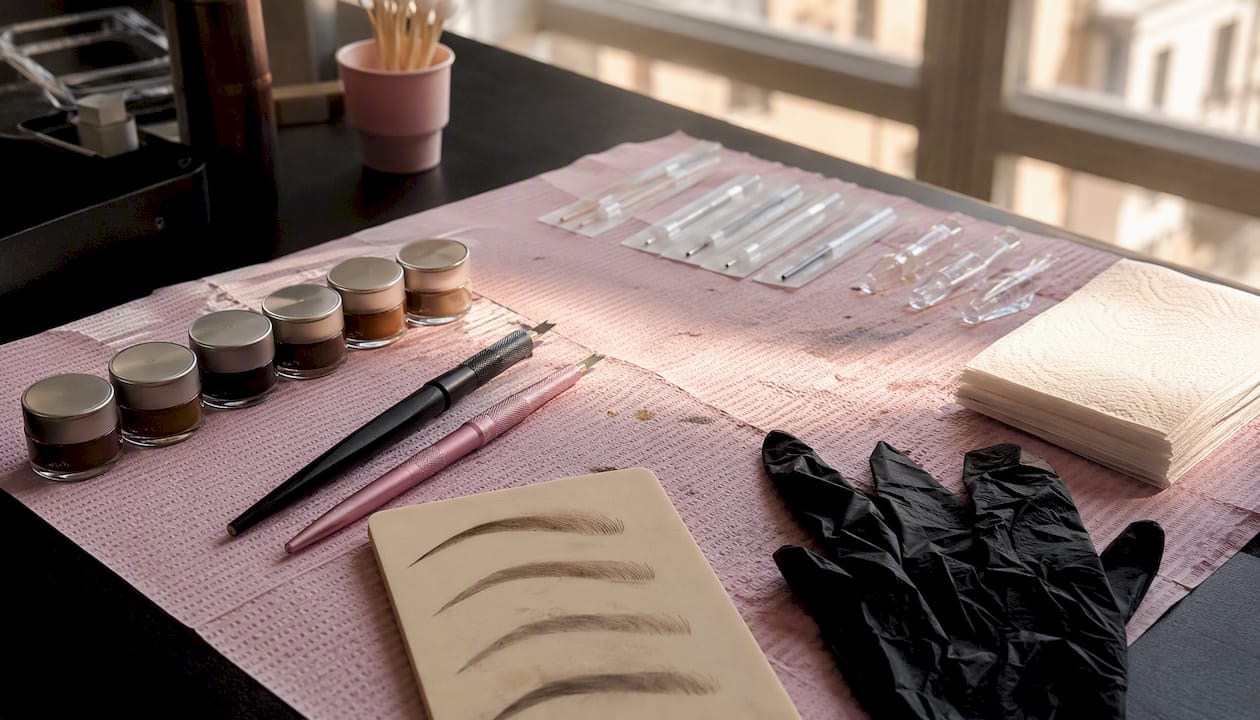 Strumenti per la formazione di microblading disposti sul banco di lavoro