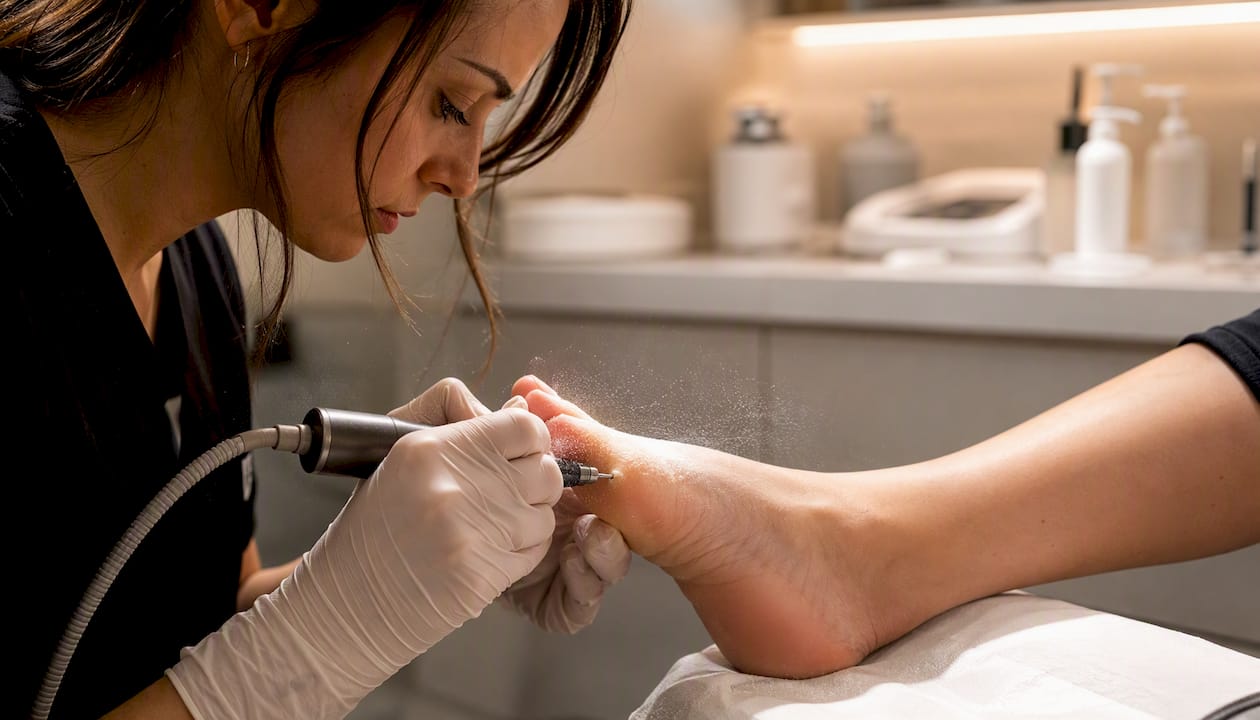 Studente alle prese con la fresa elettrica durante un’esercitazione pratica di pedicure.