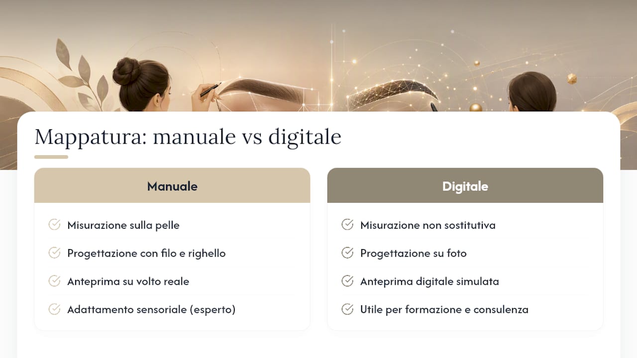 Diagramma comparativo tra mappatura manuale e digitale delle sopracciglia