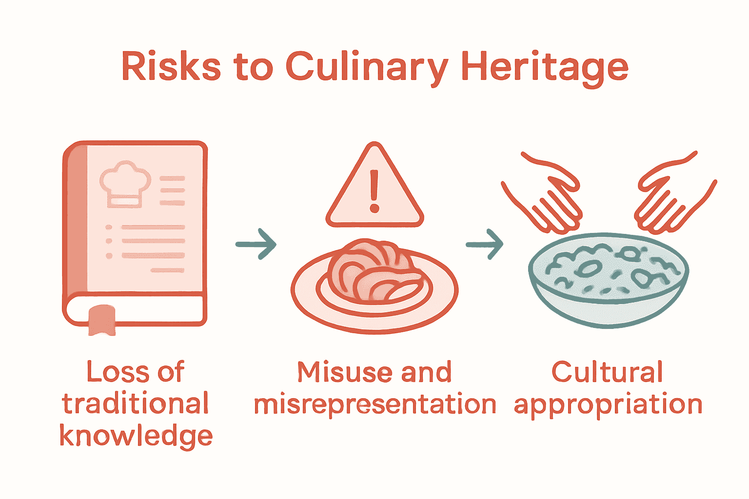 Infographic showing risks to culinary heritage: knowledge loss, misuse, cultural appropriation