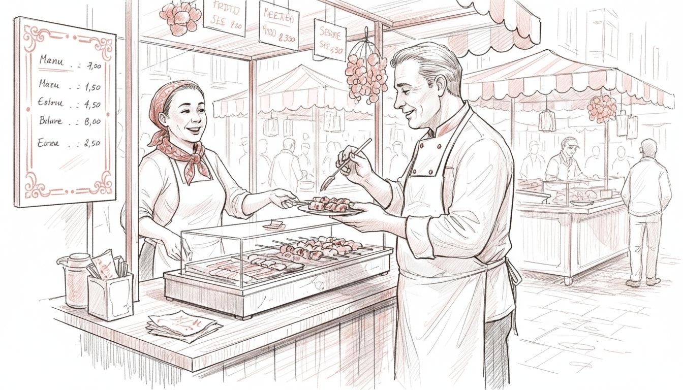 Chef sampling local food at busy street market