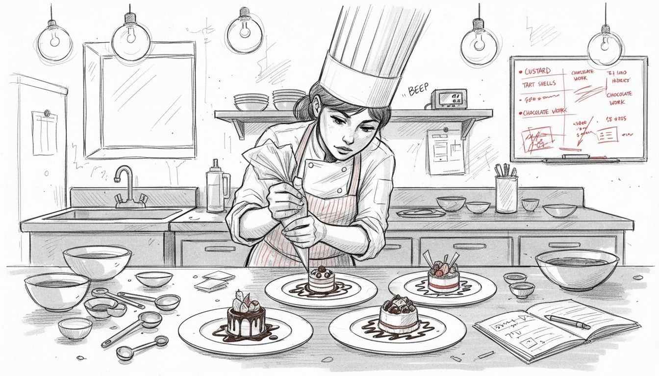 Pastry chef working in fine dining kitchen