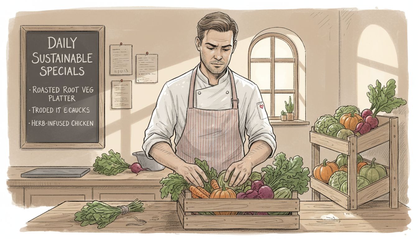 Chef sorts fresh sustainable produce in kitchen