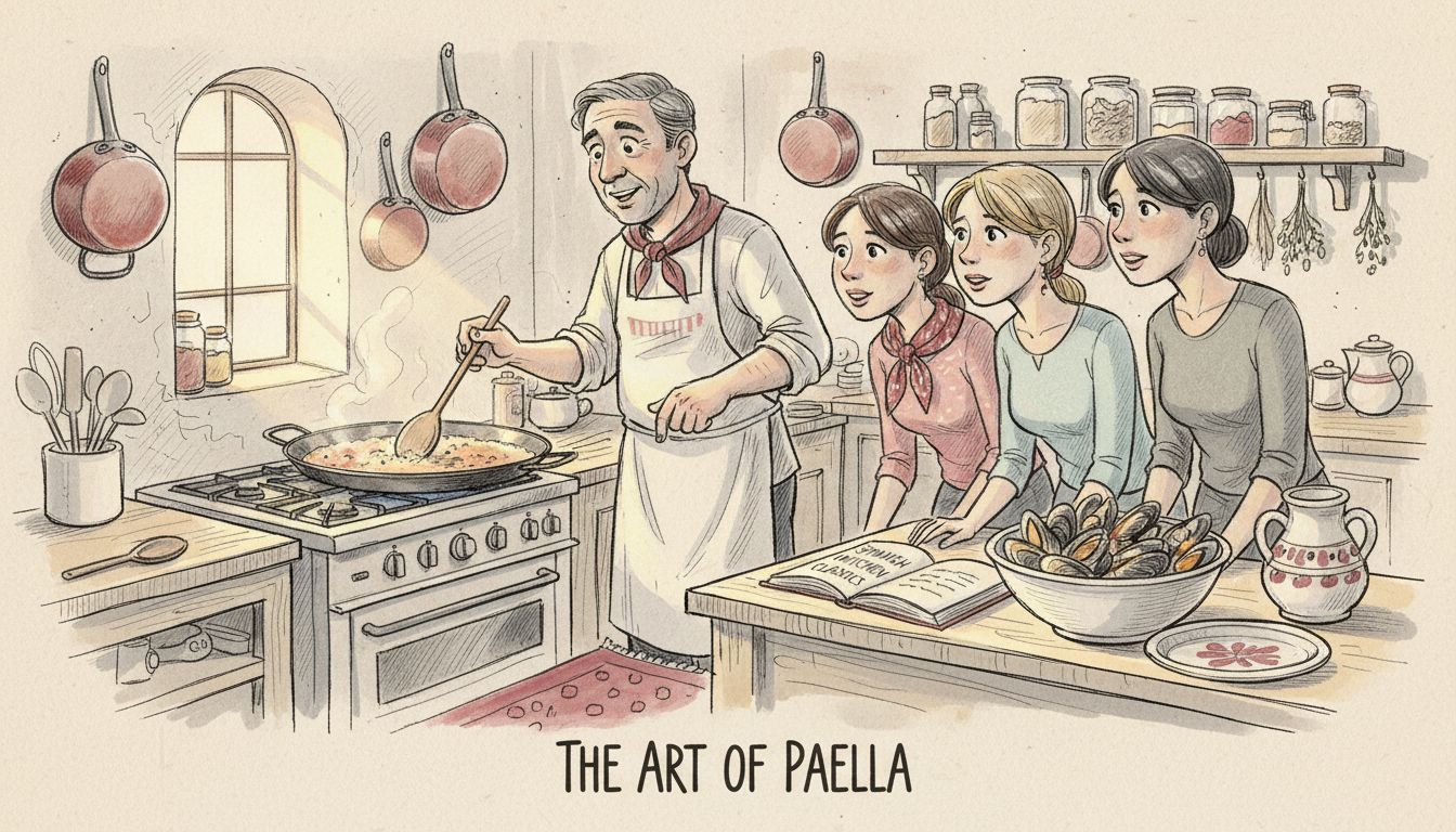 Chef teaching cooking class in rustic kitchen