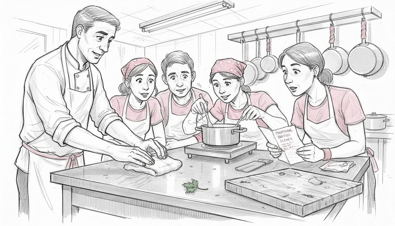 Chef teaching travelers in scratch kitchen