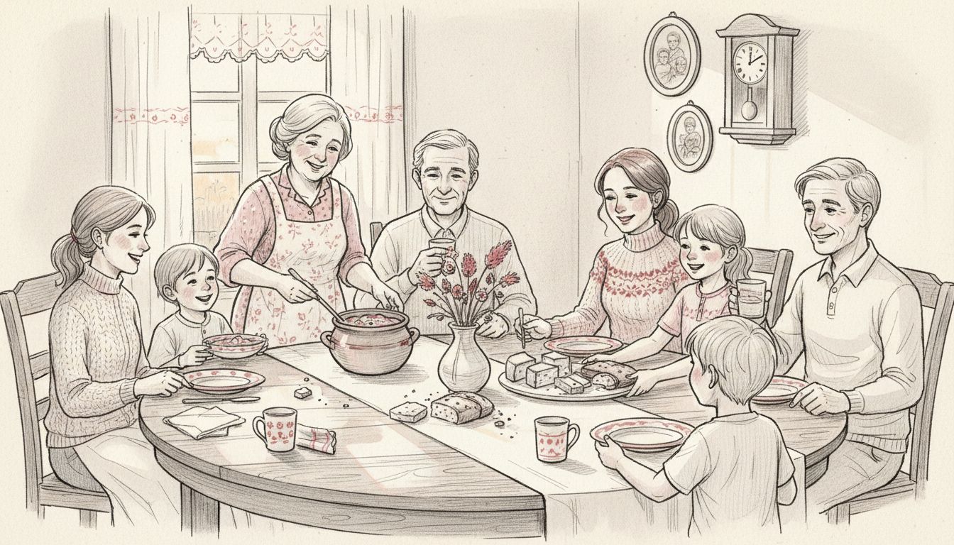 Generational family sharing regional meal together