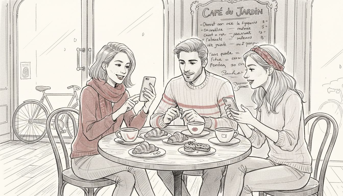 Friends discuss food tour at café
