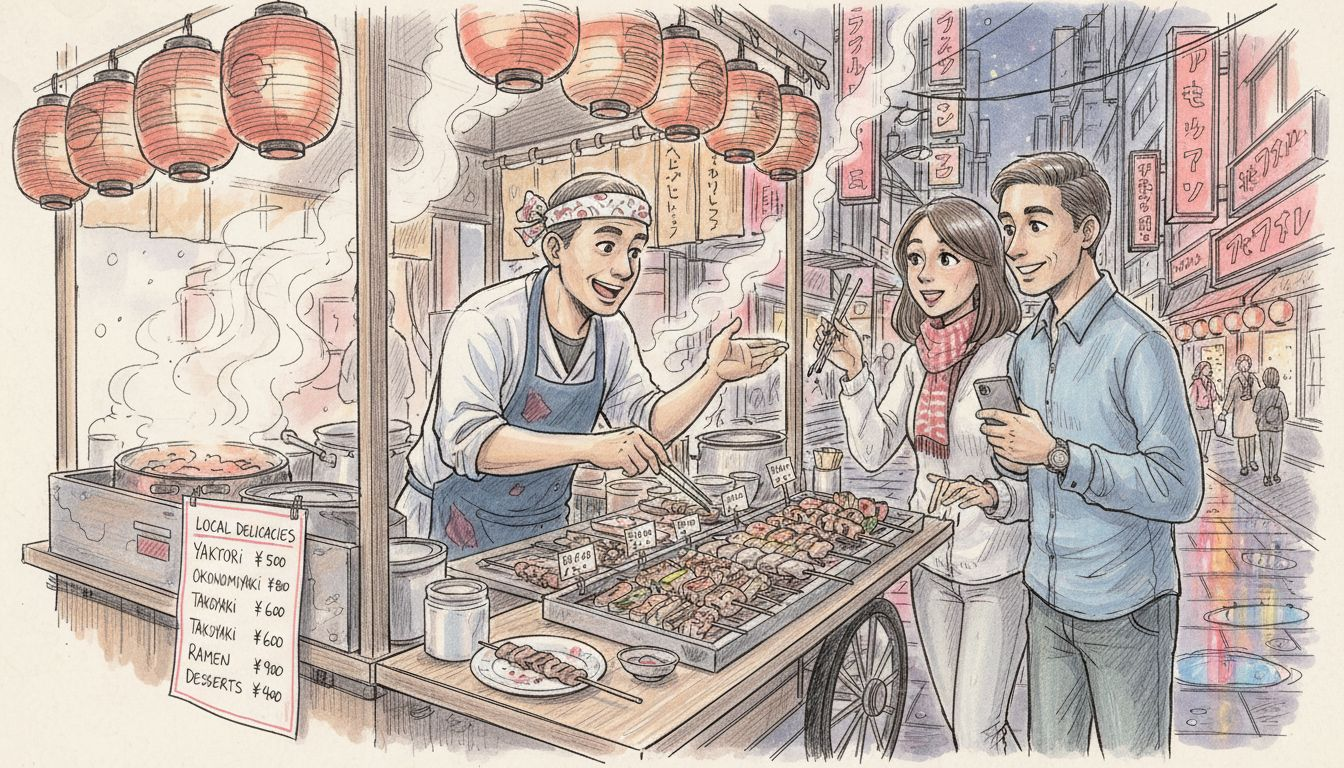 Chef guiding couple at Tokyo street food stall