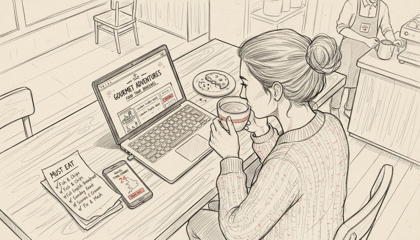 Person booking culinary tour online at cafe