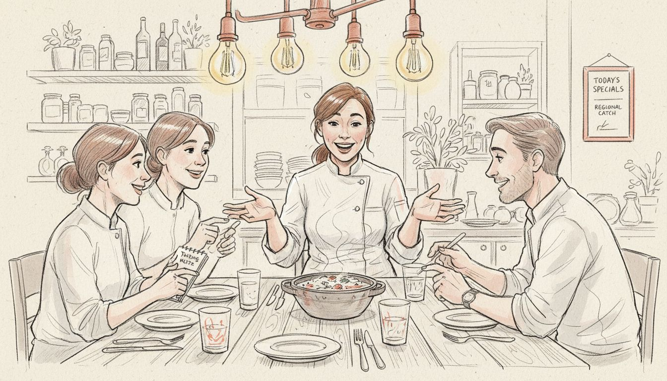 Chef sharing a food story at table